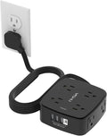 10 Ft Surge Protector Power Strip - YISHU 8 Widely Outlets with 4 USB Ports, 3 Side Outlet Extender with 10 Feet Flat Extension Cord, Ultra Flat Plug, Wall Mount, Desk USB Charging Station, ETL, Black