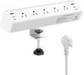 Tecmojo Desk Clamp Power Strip 5 Outlet with 2 USB A and 4 USB C Ports, 6 ft Cord, Desk Outlet Station Fit 1.6" Tabletop Edge,Over Loading Protection,ETL Listed,White