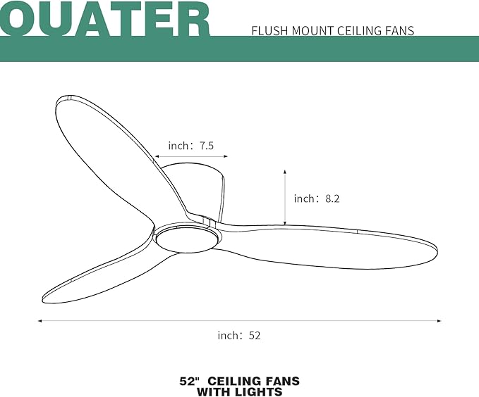 OUATER Flush Mount Ceiling Fan no light with Remote, 52 inch Low Profile Wood Ceiling Fan without light for Outdoor, Bedroom, Natural Wood and matte Black, DC Motor, 6 Speed