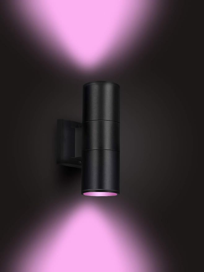 rosykite Exterior Double Up Down Outdoor Wall Lights,Mi.Light Remote Control RGB Color Changing 1000lm Warm White 3000k RGBW Cylinder Outdoor Wall Light,Smart LED Exterior Lighting (2 Pack)