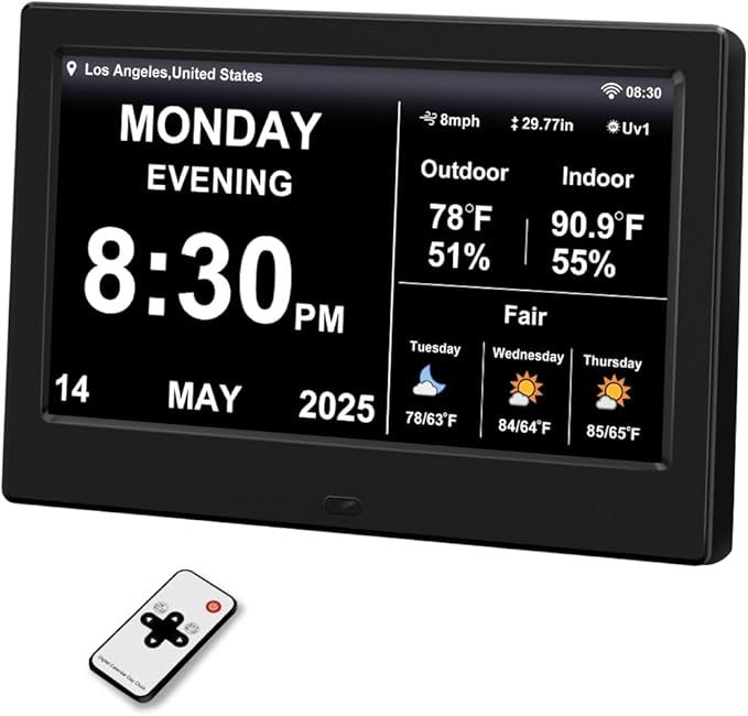 2025 Digital Clock with Weather Forecast & Temperature/Humidity Large Display,Auto Time Sync, Custom Alarms & Medication Reminders, Elderly Memory Loss (Black, 7 Inch)