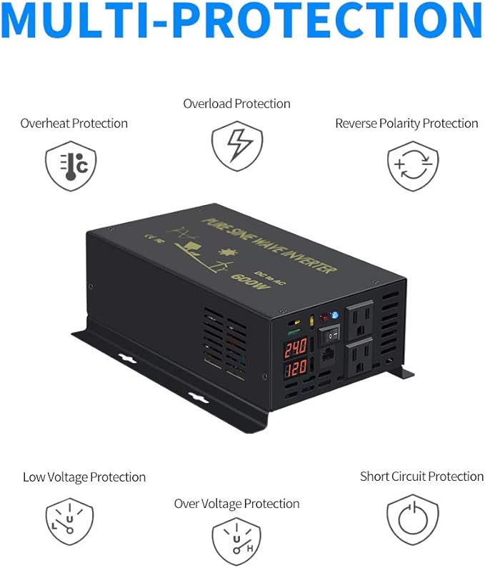 WZRELB 600W 24V 120V Pure Sine Wave Power Inverter with 2 AC Outlets Wired Remote Control (RBP-60024WR)