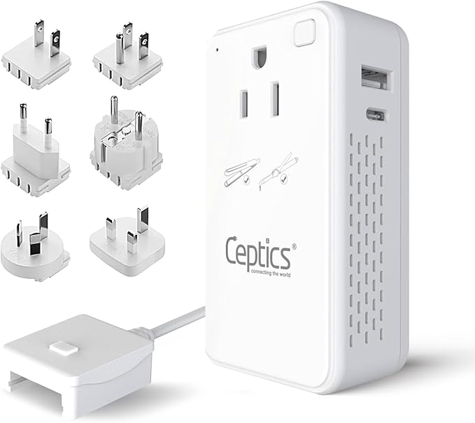 Ceptics Step Down Voltage Converter US to Europe - 200W Convert 220V to 110V for Curling Iron, Straightener, Charger – USB-A & C Fast Charging – SwadApt Type A, B, C, E/F, G, I Included