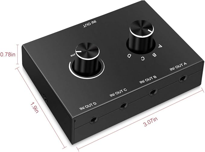 4 Port Audio Switch, 3.5mm Stereo AUX Selector, 4 Input 1 Output / 1 Input 4 Output Splitter, Switcher Box With 4 Channel Switch Knob, No External Power Required