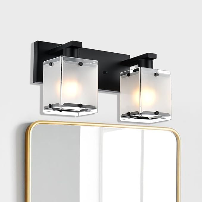 WINSHEN Black Wall Sconce Lighting, 2-Light Bathroom Vanity Light Fixture Wall Mount Lamp Over Mirror for Bedroom Bedside Studty Living Room, Rectangular Frosted Glass Shade