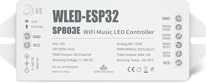 BTF-LIGHTING ESP32 WLED LED Strip Controller SP803E Built-in Mic DIY Dynamic Modes UART USB Type-C Download for WS2811,WS2812,SK6812,WS2814,WS2815 Addressable LED Strip/Matrix,PWM Dimming CCT RGB LED