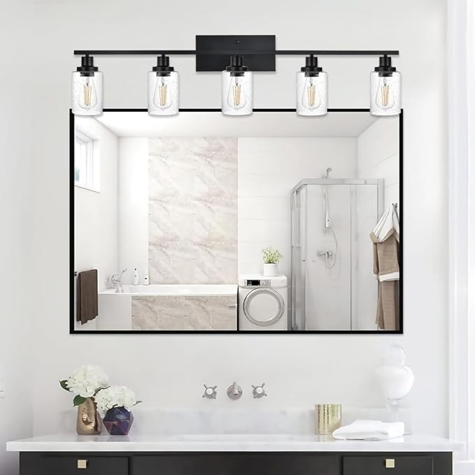WINSHEN 40 Inches Length Black Bathroom Lighting Fixtures, 5-Light Modern Industrial Wall Sconce Vanity Light Fixture with Seeded Glass for Bedroom Over Mirror