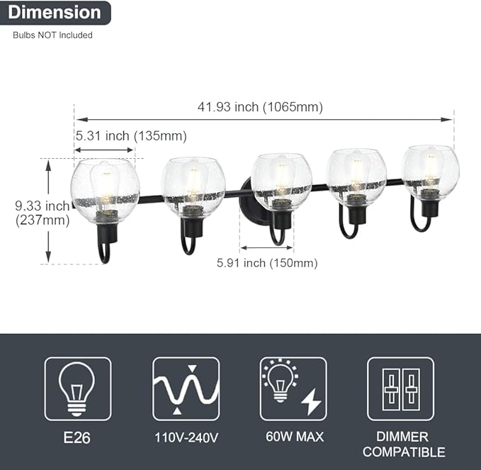WINSHEN 5-Lights Black Bathroom Vanity Light Fixtures Over Mirror, Modern Vanity Wall Sconce Lighting with Globe Seeded Glass Lampshades for Bedroom Kitchen Hallway