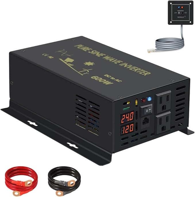 WZRELB 600W 24V 120V Pure Sine Wave Power Inverter with 2 AC Outlets Wired Remote Control (RBP-60024WR)