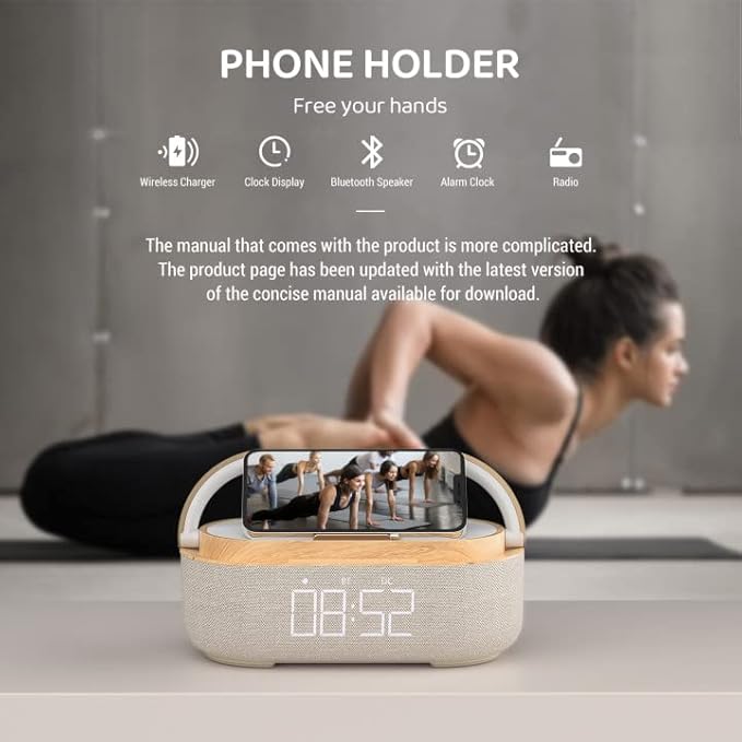 COLSUR Bluetooth Speaker Alarm Clock with Wireless Charger, FM Radio, Adjustable LED Night Light, 6 in 1 Bedroom Portable Speaker 2500mAh, Phone Stand for Bedside, Home, Office, Gift (Wood)