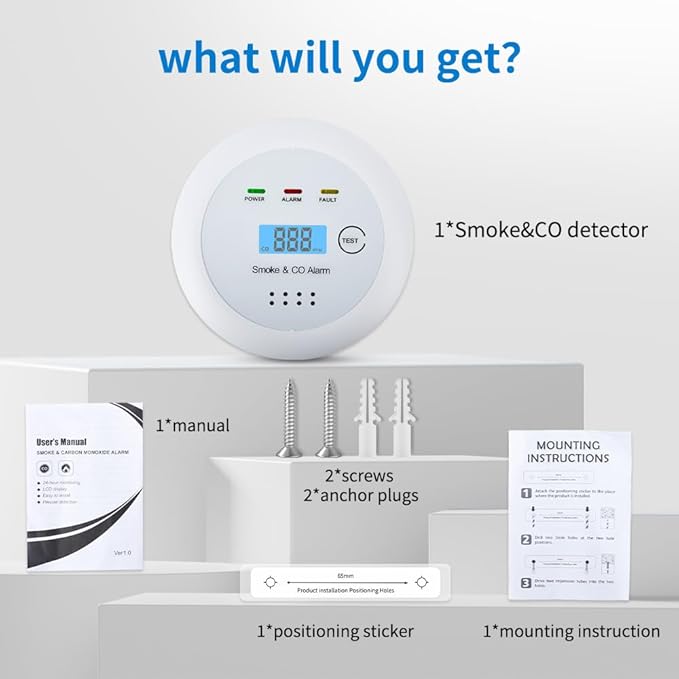 2 in1 Smoke Detector Carbon Monoxide Detector Combo,with LCD Digital Display and Sound Warning Test Button，Battery Powered，Easy Installation, for Home, Bedroom, Kitchen (1PACK)