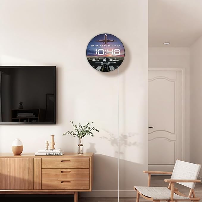 Timethink 12'' Airplane Digital Wall Clock Large Display, Aviation Electric Wall Clock Smart Dimming, Temperature, Humidity, 12/24hr, Date, USB Powered for Office Bedroom Pilot Aviator Retirement Gift