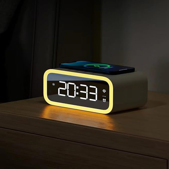 IHAO 5in1 Multi-Functional Alarm Clock with Wireless Charging 15W Fast Charger for Phone & Earbuds 3 Group Alarms, Dimmable Night Light, USB Port, Digital Clock Adjustable Light Mini Mirror QXF-805