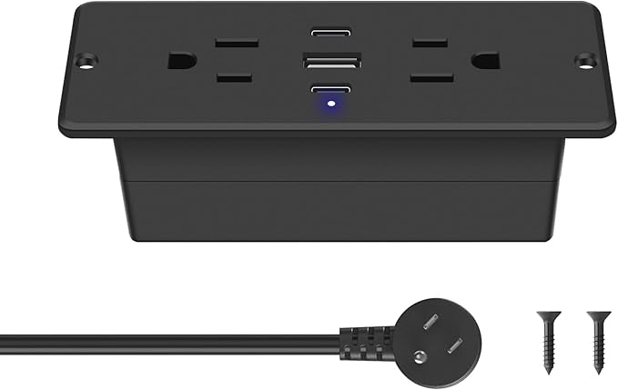 CCCEI Recessed Power Strip with Outlet and USB C Ports, Furniture Flush Mount Power Strip, Small Desk Hidden Outlet for Conference Table, Nightstand, Black, 10FT.