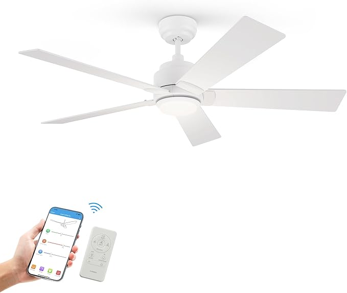 SMAAIR Smart Wifi LED Ceiling Fan, 52inch Plywood Indoor/Outdoor smart ceiling fan with Remote, App control with Timer and Schedule, Compatible with Alexa/Google Assistant/Siri Shortcuts (White)