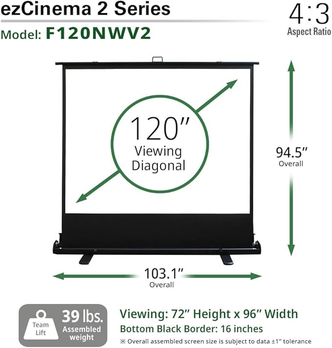 Elite Screens ezCinema 2, 120-inch 4:3 Aspect Ratio Portable Manual Floor Pull Up with Scissor Backed Projector Projection Screen Office Classroom Church Home Theater + Carrying Bag, F120NWV2