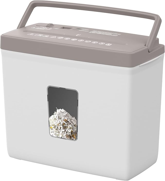 Suntiko 5-Sheet Cross Cut Paper Shredder for Home Office, P-4 High Security Level Document Shredder with 2.38 Gallon Bin, Jam Proof Design & Thermal Protection for Professional Use, Brown + White