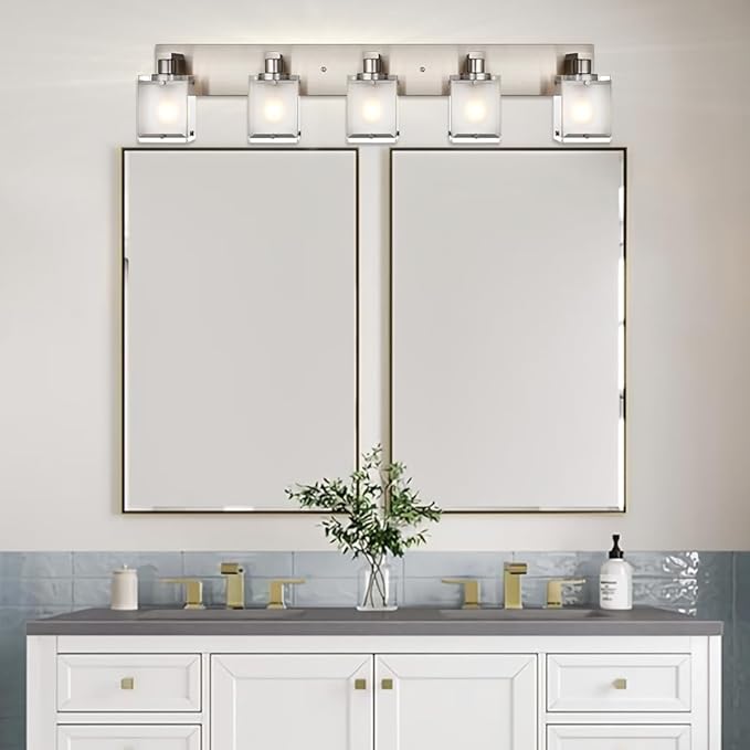 WINSHEN 5-Lights Bathroom Vanity Light Fixtures, Modern Brushed Nickel Wall Sconce Lighting with Rectangular Frosted Glass Shades, E26 Bulb Base