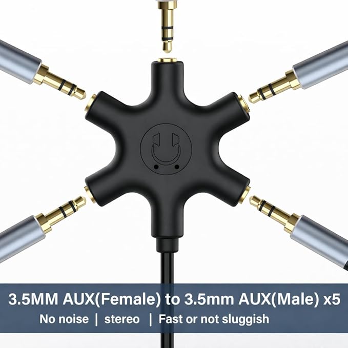 Mizi 5-Way 3.5mm Headphone Splitter - Stereo Audio Adapter with 1 Male to 5 Female Jacks, Gold-Plated Connectors, Compatible with iPhone, iPad, Smartphones, Tablets, MP3 Players - Black