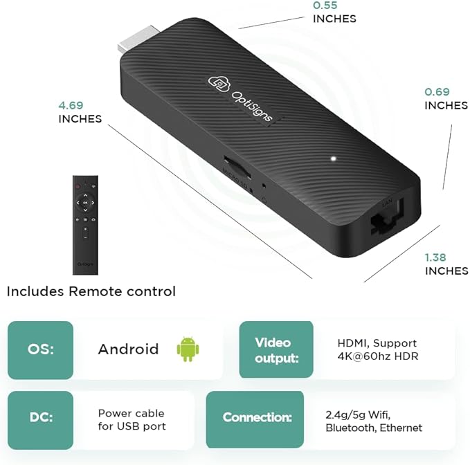OptiSigns OptiStick Digital Signage Player - Android-Based 4K UHD HDMI Stick, Quad Core, WiFi/Ethernet, Remote Screen Management