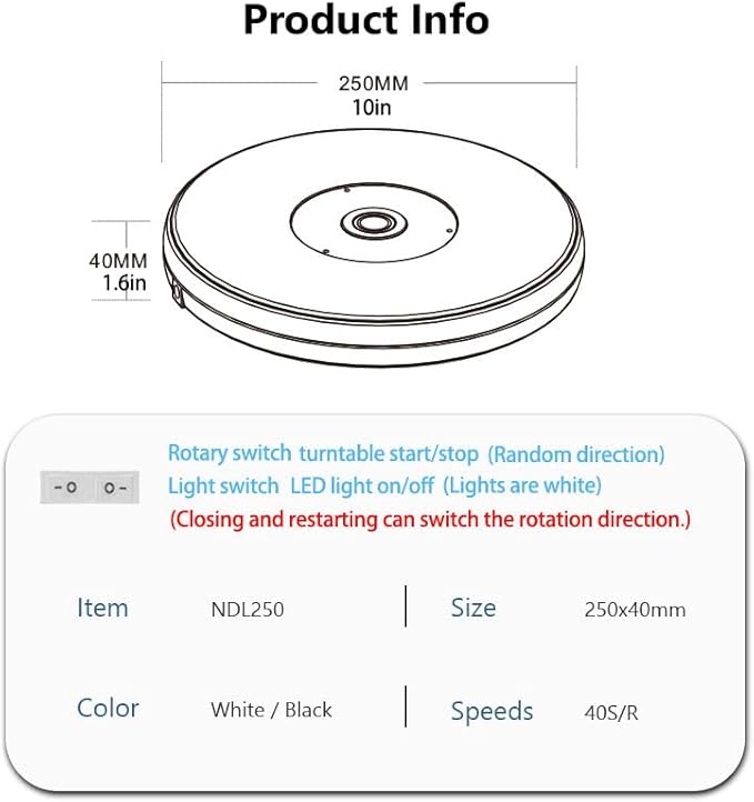 YVV LED Rotating Display Stand White 10 Inch 360° Motorized Turntable with LED Light, USB Powered Display Base for Product Photography, Jewelry Showcase, 22lb Capacity