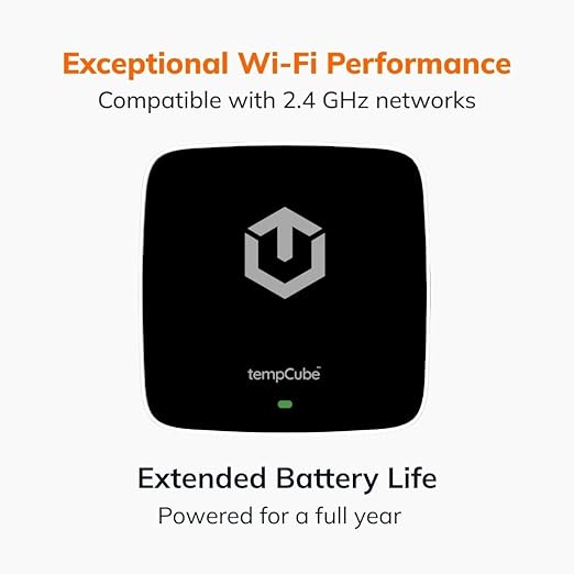 tempCube WiFi Temperature & Humidity Sensor | Connects 2.4 GHz – Real-Time 24/7 Monitoring | No Subscription | Data Logger | Unlimited Text/Email Alerts | Ideal for Freezer, Medical & Food Storage