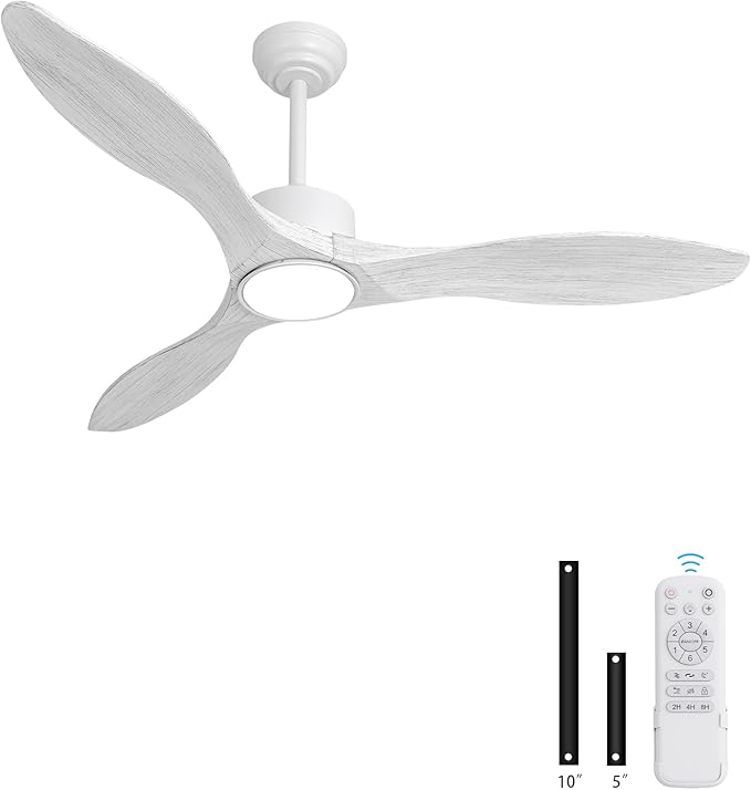 revoici 52 Inch White Ceiling Fan with Lights and Remote, Retro White Wood Low Profile Flush Mount Modern Ceiling Fan for Indoor Farmhouse Bedroom Living Room Outdoor Patio Porch, Reversible DC Motor