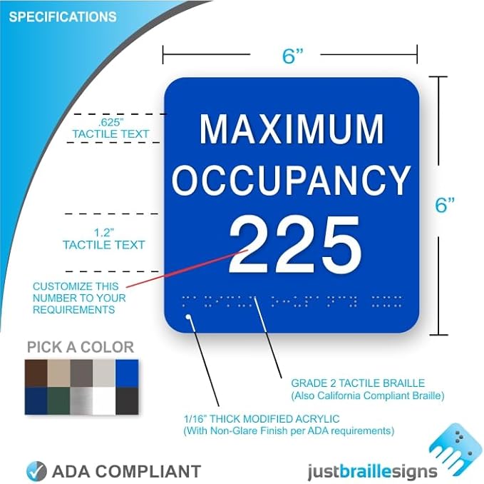 JUSTBRAILLESIGNS CUSTOMIZABLE MAXIMUM OCCUPANCY braille sign, 6” x 6”, Max Occupancy Identification Sign for business, buildings, elevators, etc., Many Colors Choices, Made in USA (Beige)