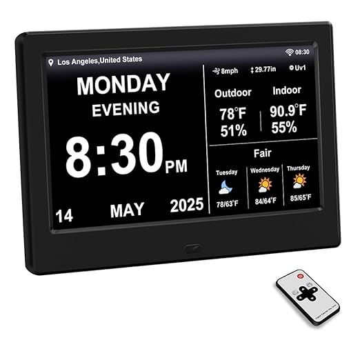 FEYBYLA 2025 New Digital Clock with Temperature/Humidity & Weather Forecast, Auto Time Sync Large Display, Custom Alarms & Medication Reminders, Ideal for Elderly(Black, 7-Inch)