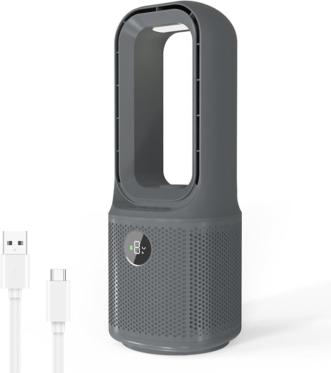 MEIIS Desk Fan Bladeless, 14 Inch USB Rechargeable Tower Fan with 9 Speed Adjustable, 3 Light, 60° Oscillating, 9H Timer, 5000mAh Battery Cooling Small Table Fan for Bedroom, Office, Nightstand, Grey