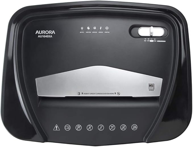 Aurora AU1640XA Anti-Jam 16 Sheet Crosscut Paper/CD and Credit Card/ 5 Gal Pullout Basket Shredder, 30 Minutes Continuous Run Time