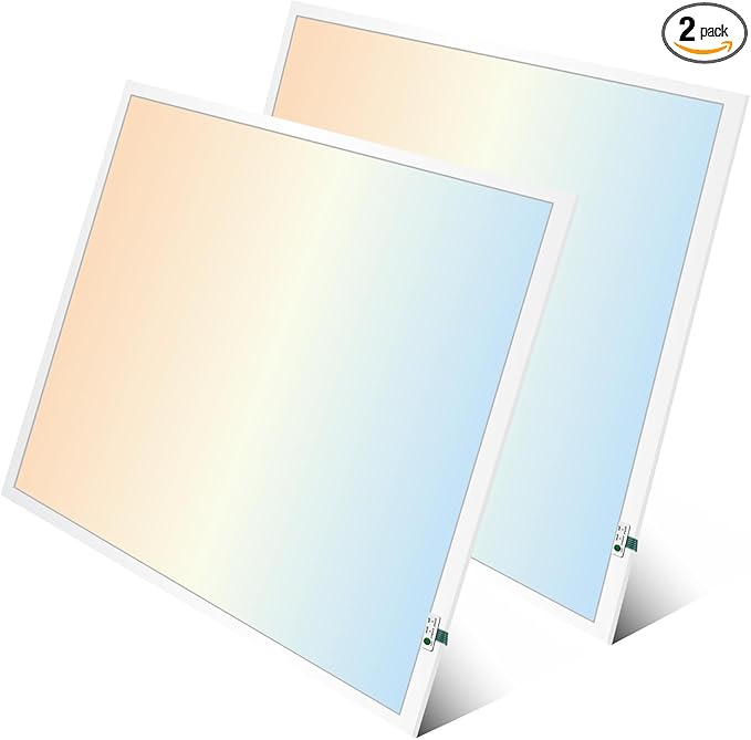 2X2 LED Flat Panel Light Emergency Battery Backup, 40W-3000K/4000K/5000K, 0-10V Dimmable, 4390 Lumens, LED Drop Ceiling Light, 100-277V, DLC and UL Listed, Ultra Thin Back-Lit (2 Pack)