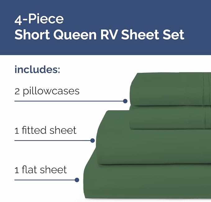 RV Short Queen Sheet Set 60 X 75 - 4 Piece RV Short Queen Bed Sheets - Soft, Breathable & Cooling - Designed for Bunks, Trailers & Campers - Fits 8” to 12" Mattress - Luxury Bedding - Emerald Green