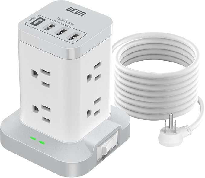 BEVA Surge Protector Tower with 8 AC & 4 USB(USB-C) Ports, 6.5 FT Extension Cord - Charging Station for Office & Dorm Room