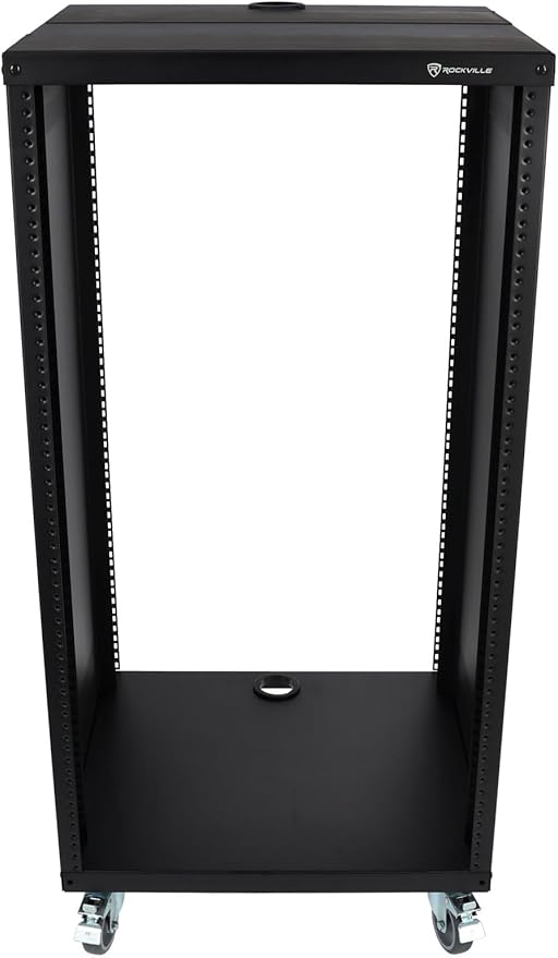 Rockville RR20U 20U Live Sound/Recording Studio Rack Case with Wheels, Reversible Rack Rails, Front & Rear Mounting, Cable Management Ports, 440lb Capacity