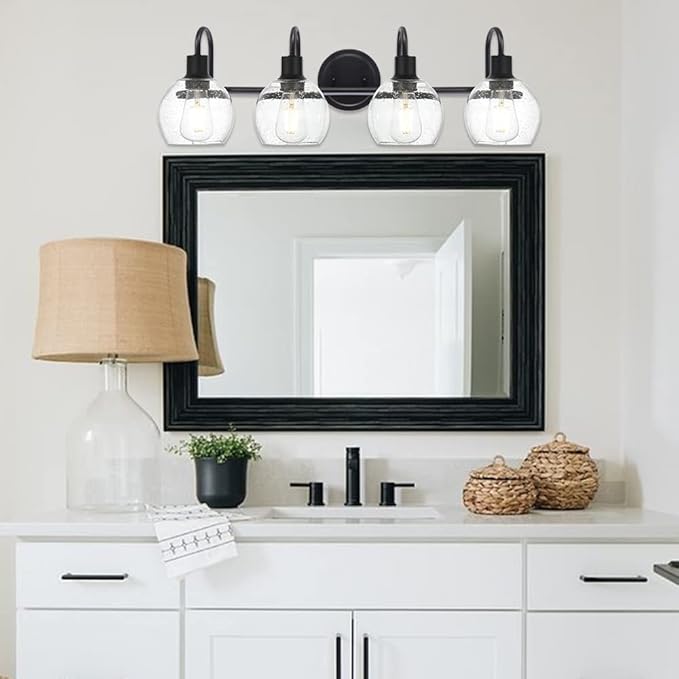 WINSHEN 4-Lights Contemporary Bathroom Light Fixtures Over Mirror with Seeded Globe Glass Shades, Black Rustic Vanity Wall Lighting for Bedroom Dressing Cabinet