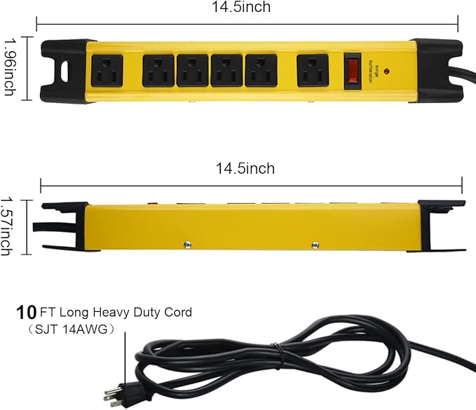 CCCEI Heavy Duty Power Strip Surge Protector with 15A, 6 Plug Industrial Shop Workshop Garden Metal Multiple Outlets, 10FT Extension Cord 1200 Joules ETL Listed, Yellow