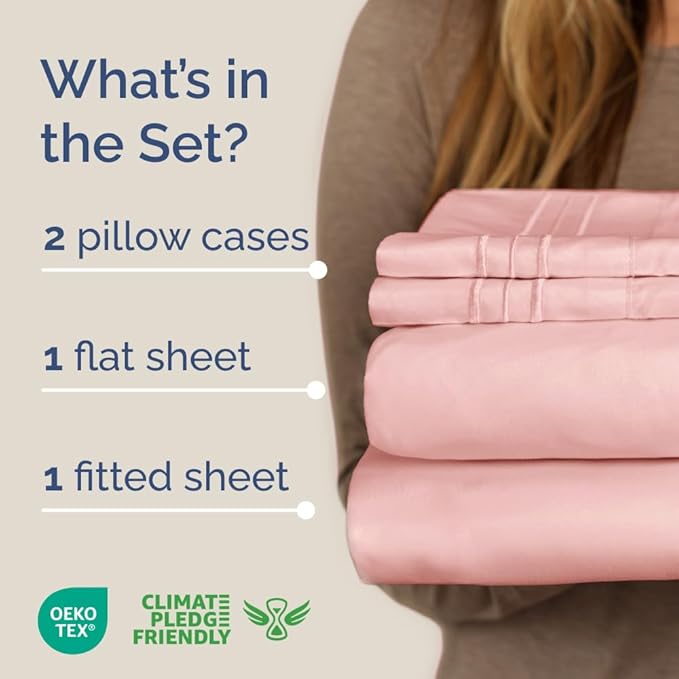 Full XL Bed Sheet Set - 4 Piece Extra Long Extended Full XL Sheets - Soft, Breathable & Cooling - Fits 8" to 16" Mattress w/ Deep Pockets - 54" x 80" - Easy-Fit, Wrinkle & Fade Resistant - Baby Pink