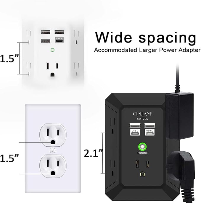 USB Wall Charger, Surge Protector, QINLIANF 5 Outlet Extender with 4 USB Charging Ports (4.8A Total) 3-Sided 1680J Power Strip Multi Plug Outlets Wall Adapter Spaced for Home Travel Office(2U2C),Black