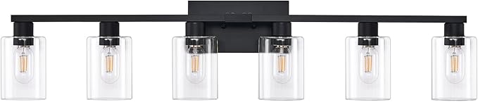 SOPEAS 6-Light Bathroom Vanity Light Black Vanity Lights for Bathroom Light Fixtures Matte Black 6 Light Fixtures with Clear Glass Shades for Bath Over Mirror