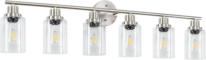 Guliaofo 6-Light Nickel Bathroom Vanity Lights, E26 Modern Bathroom Light Fixtures with Clear Glass Shade, Wall Lamps for Mirror Hallway Kitchen Cabinet Living Room Sconces Lights