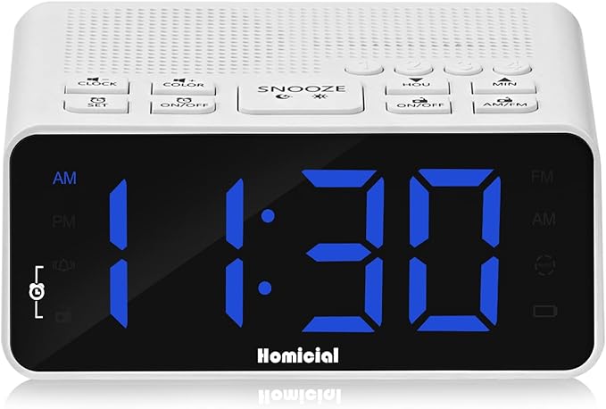 Homicial Digital Alarm Clock Radio with AM/FM Radio, Multi-Colors 1.4” LED Digits, Preset, Sleep Timer and Clear Display with Dimmer for Bedroom Bedside, Outlet Powered with Battery Backup (White)