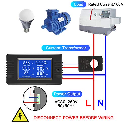 AC Current Voltage Amperage Power Energy Panel Meter LCD Digital Display Ammeter Voltmeter Multimeter with Split Core Current Transformer CT AC 80-260V 100A Multi-Function Power Monitor