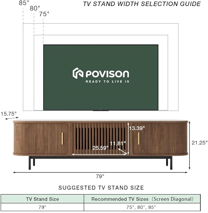 POVISON Fully-Assembled Mid Century Modern Black TV Stand with White Matte Travertine Stone Tabletop & LED Lights, Rolling Door Media Console, Wood TV Console for Living Room