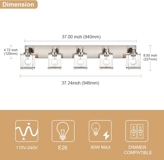 WINSHEN 5-Lights Brushed Nickel Bathroom Wall Light with Clear Glass Shade, E26 Bulb Base Vanity Lighting Fixtures Over Mirror for Kitchen Cabinet Bedroom