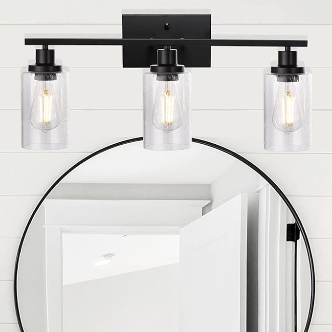 WINSHEN Wall Sconce Lighting 3-Light Matte Black Bathroom Vanity Light Fixtures Farmhouse Wall Lamp with Seeded Glass for Kitchen Living Room Mirror