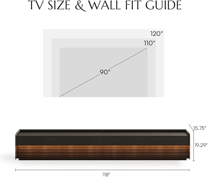 POVISON Fully-Assembled Mid Century Modern TV Stand, 118.11" Wood Media Console with Adjustable LED Light, Entertainment Center with Storage for Living Room
