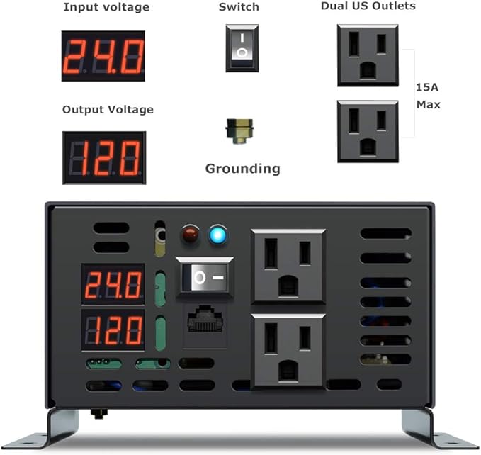 WZRELB 600W 24V 120V Pure Sine Wave Power Inverter with 2 AC Outlets Wired Remote Control (RBP-60024WR)