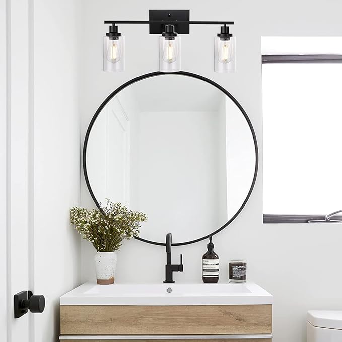 WINSHEN Wall Sconce Lighting 3-Light Matte Black Bathroom Vanity Light Fixtures Farmhouse Wall Lamp with Seeded Glass for Kitchen Living Room Mirror