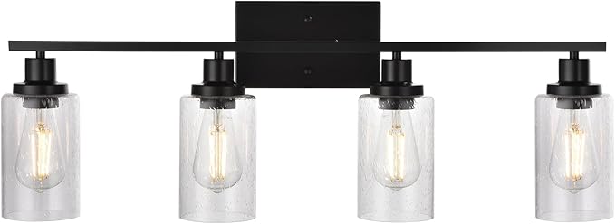 WINSHEN Black 4-Light Bathroom Light Fixtures with Seeded Glass Shade, 31-Inches Length Farmhouse Vanity Lights Over Mirror for Cabinet Kitchen Bedroom